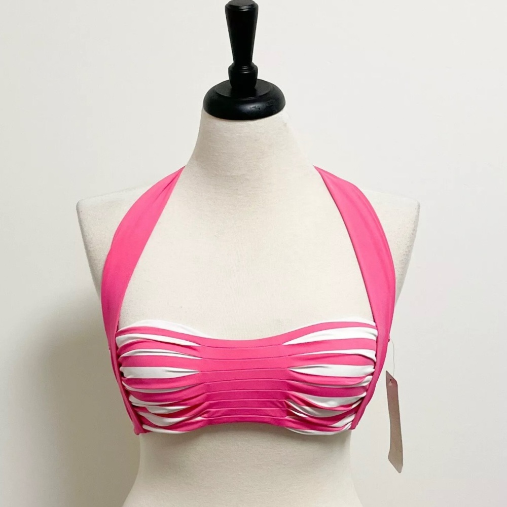 Anne Cole Pink Off White Stripe Halter Bikini Top Medium NWT Padded No Underwire